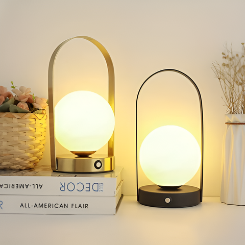 Rechargeable Orb Table Lamp with Arched Metal Frame and Touch Dimming Control