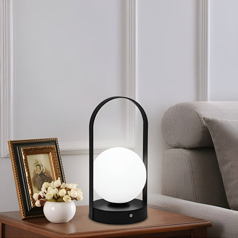 Rechargeable Orb Table Lamp with Arched Metal Frame and Touch Dimming Control