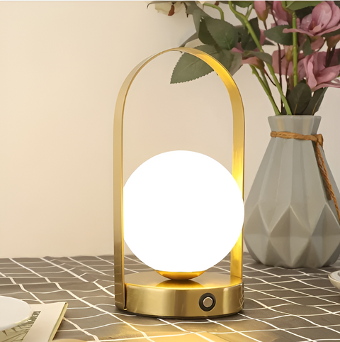 Rechargeable Orb Table Lamp with Arched Metal Frame and Touch Dimming Control