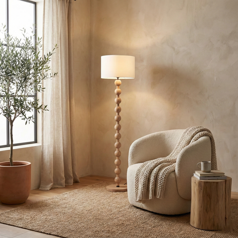 Floor Lamp with Stacked Wood Spheres and Fabric Drum Shade