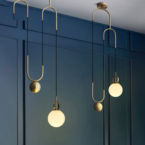 Pendant Light with Glass Globe and Sculptural Mid-Century Metal Frame