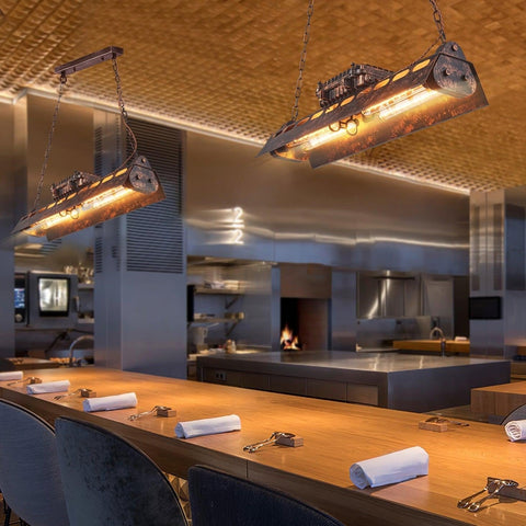 Industrial Steampunk Linear Chandelier for Kitchens, Bars, and Cafes