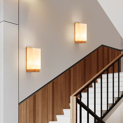 Wood and Glass Rectangular Wall Sconce with E27 Bulb Socket