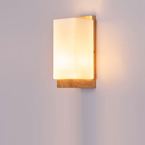 Wood and Glass Rectangular Wall Sconce with E27 Bulb Socket