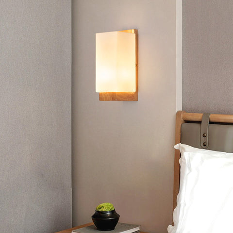 Wood and Glass Rectangular Wall Sconce with E27 Bulb Socket