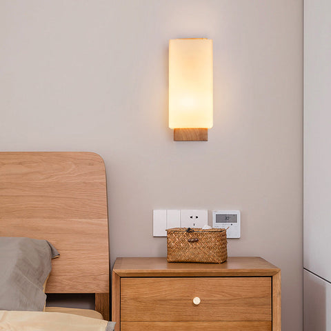 Wood and Glass Rectangular Wall Sconce with E27 Bulb Socket