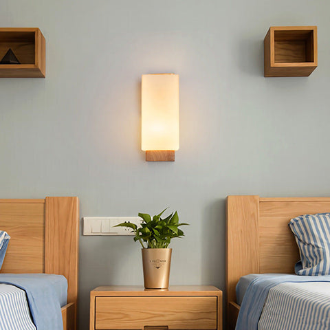 Wood and Glass Rectangular Wall Sconce with E27 Bulb Socket