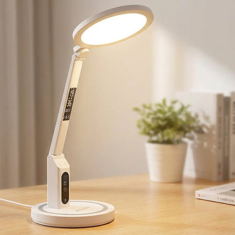 LED Desk Lamp with Integrated Clock and Tabletop Design