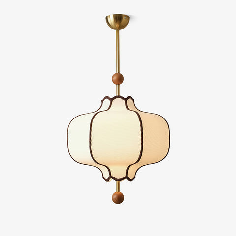 Lantern Fabric Pendant Light with Sculptural Wood Accents