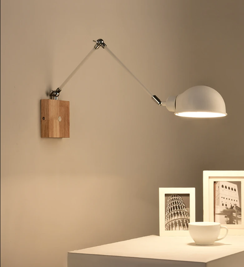 Adjustable Wall Lamp with Metal Shade, Wood Base and On-Lamp Switch