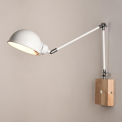 Adjustable Wall Lamp with Metal Shade, Wood Base and On-Lamp Switch
