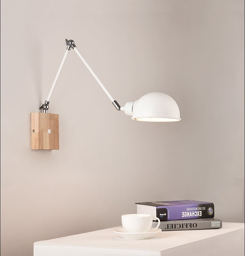 Adjustable Wall Lamp with Metal Shade, Wood Base and On-Lamp Switch