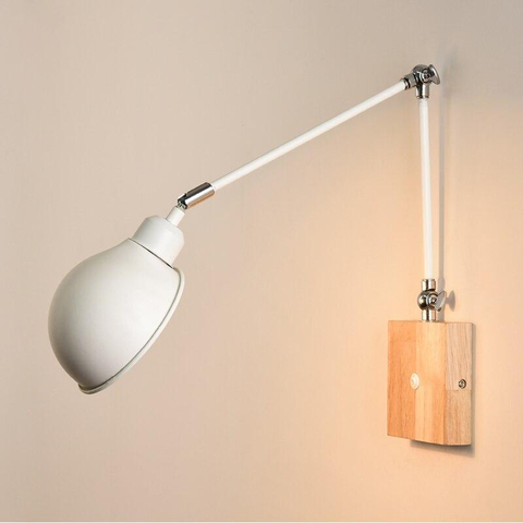 Adjustable Wall Lamp with Metal Shade, Wood Base and On-Lamp Switch