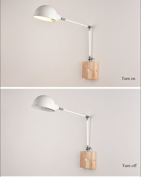 Adjustable Wall Lamp with Metal Shade, Wood Base and On-Lamp Switch