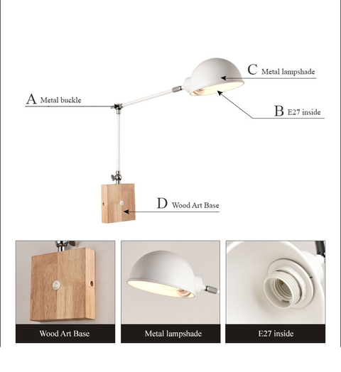 Adjustable Wall Lamp with Metal Shade, Wood Base and On-Lamp Switch