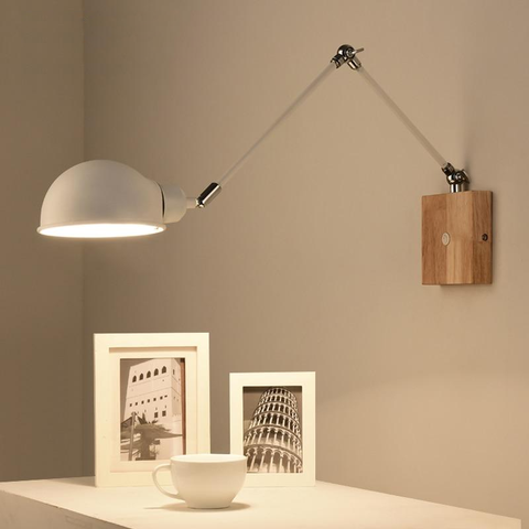 Adjustable Wall Lamp with Metal Shade, Wood Base and On-Lamp Switch
