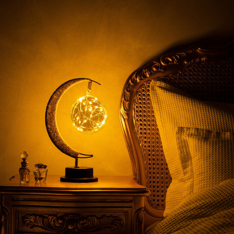 Crescent Rope-Wrapped Table Lamp with Clear Globe Shade and Battery-Powered LED Lighting