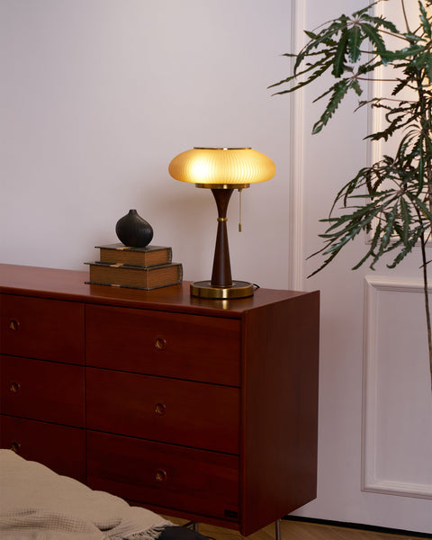 Table Lamp with Ribbed Glass Mushroom Shade and Wooden Stem