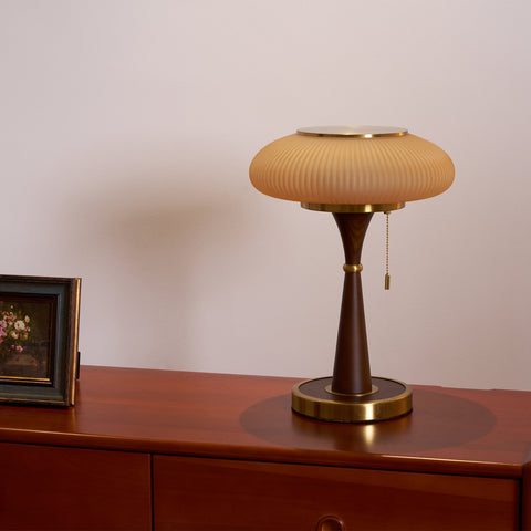 Table Lamp with Ribbed Glass Mushroom Shade and Wooden Stem