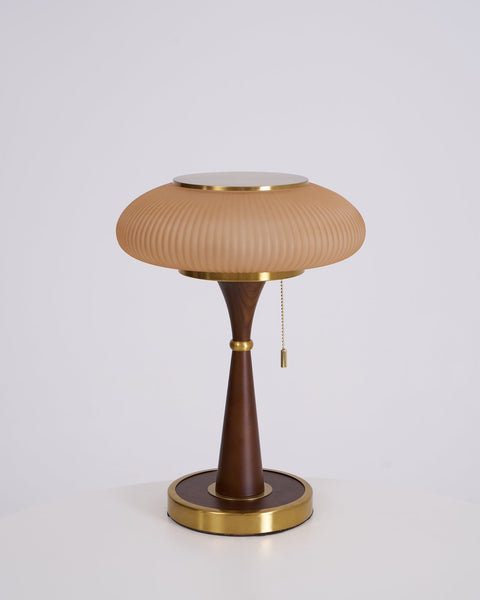 Table Lamp with Ribbed Glass Mushroom Shade and Wooden Stem