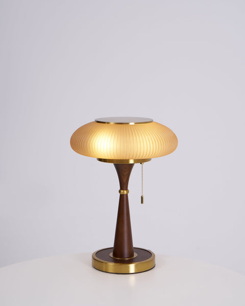 Table Lamp with Ribbed Glass Mushroom Shade and Wooden Stem