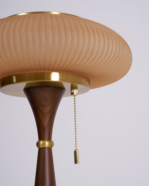 Table Lamp with Ribbed Glass Mushroom Shade and Wooden Stem
