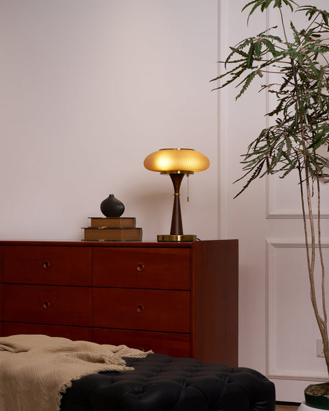 Table Lamp with Ribbed Glass Mushroom Shade and Wooden Stem