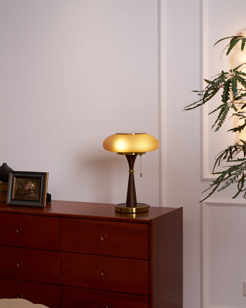 Table Lamp with Ribbed Glass Mushroom Shade and Wooden Stem