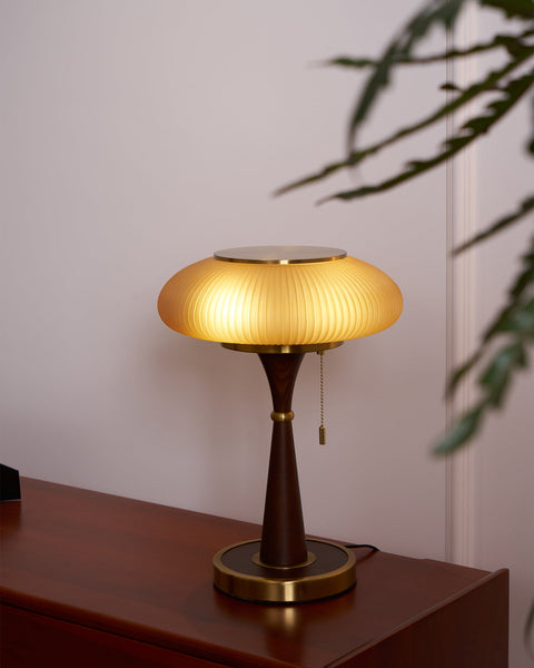 Table Lamp with Ribbed Glass Mushroom Shade and Wooden Stem