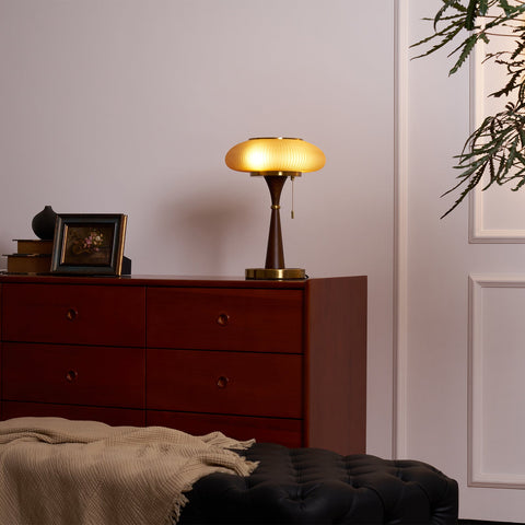 Table Lamp with Ribbed Glass Mushroom Shade and Wooden Stem