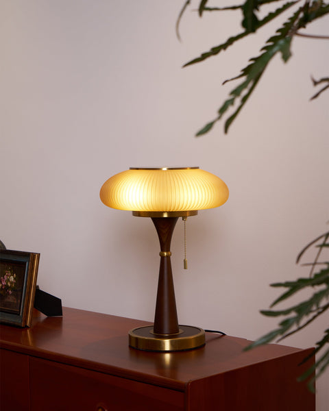 Table Lamp with Ribbed Glass Mushroom Shade and Wooden Stem