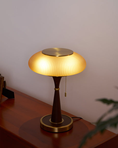 Table Lamp with Ribbed Glass Mushroom Shade and Wooden Stem