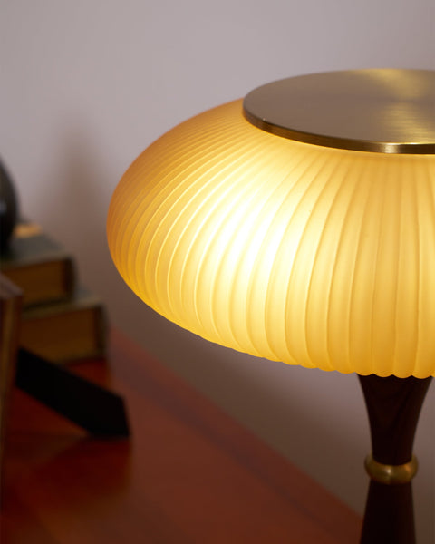 Table Lamp with Ribbed Glass Mushroom Shade and Wooden Stem