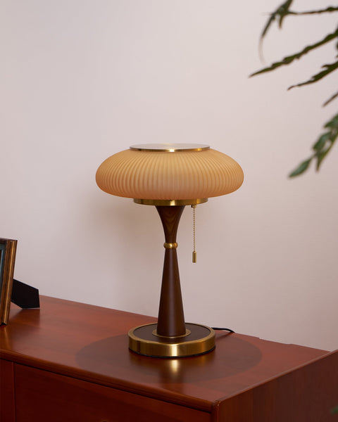 Table Lamp with Ribbed Glass Mushroom Shade and Wooden Stem
