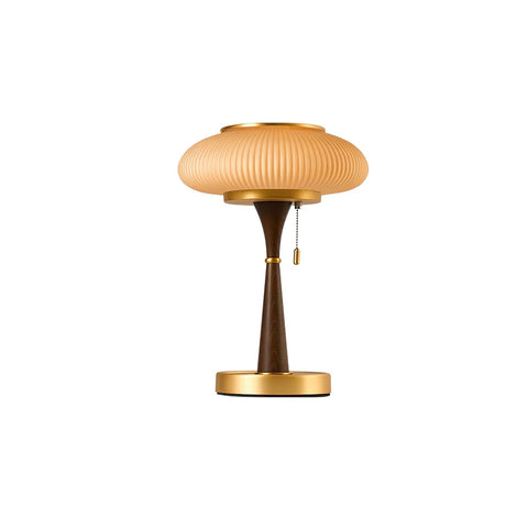Table Lamp with Ribbed Glass Mushroom Shade and Wooden Stem