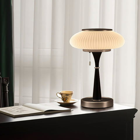 Table Lamp with Ribbed Glass Mushroom Shade and Wooden Stem