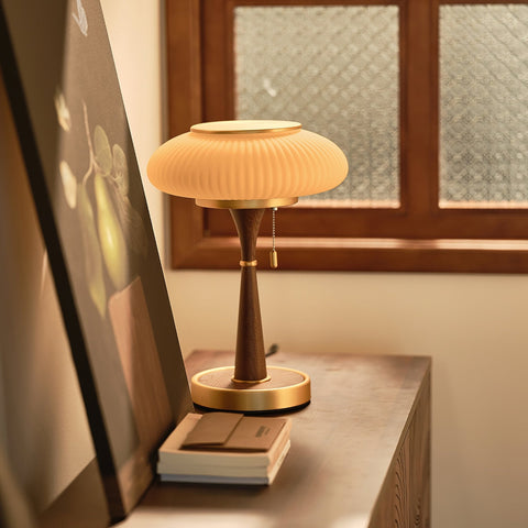 Table Lamp with Ribbed Glass Mushroom Shade and Wooden Stem
