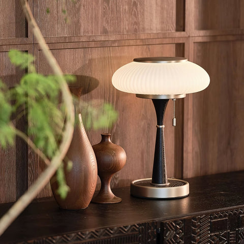 Table Lamp with Ribbed Glass Mushroom Shade and Wooden Stem