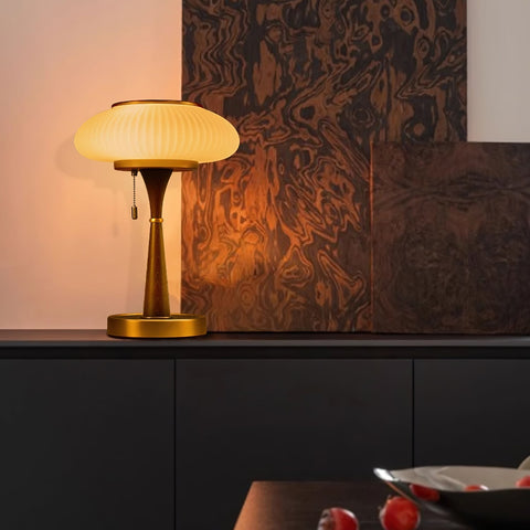 Table Lamp with Ribbed Glass Mushroom Shade and Wooden Stem