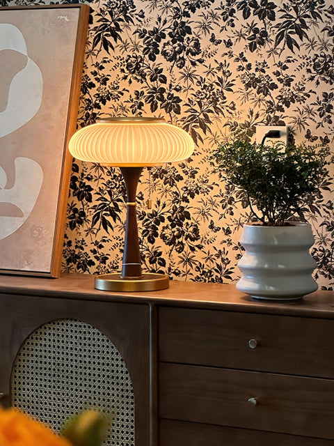 Table Lamp with Ribbed Glass Mushroom Shade and Wooden Stem