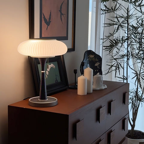 Table Lamp with Ribbed Glass Mushroom Shade and Wooden Stem