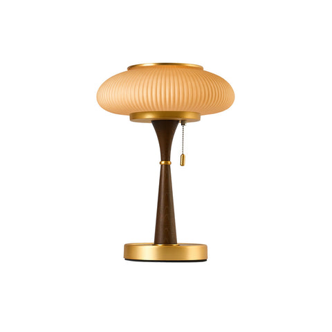 Table Lamp with Ribbed Glass Mushroom Shade and Wooden Stem
