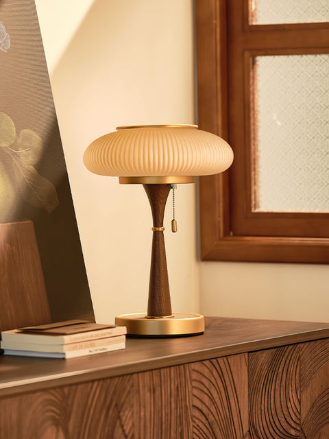 Table Lamp with Ribbed Glass Mushroom Shade and Wooden Stem