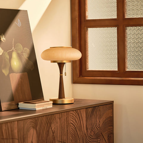 Table Lamp with Ribbed Glass Mushroom Shade and Wooden Stem
