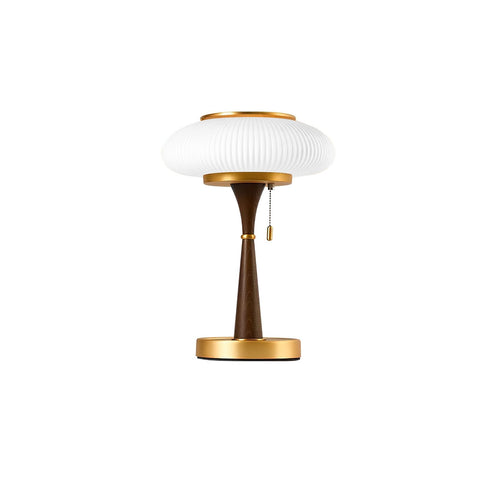 Table Lamp with Ribbed Glass Mushroom Shade and Wooden Stem