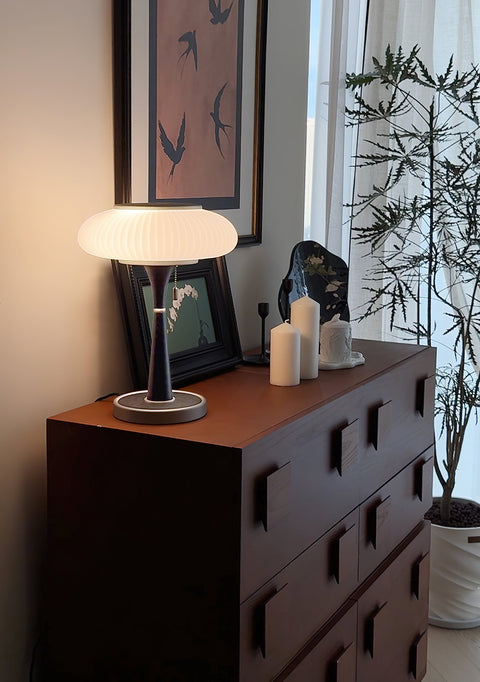 Table Lamp with Ribbed Glass Mushroom Shade and Wooden Stem