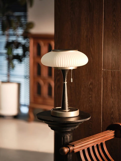Table Lamp with Ribbed Glass Mushroom Shade and Wooden Stem
