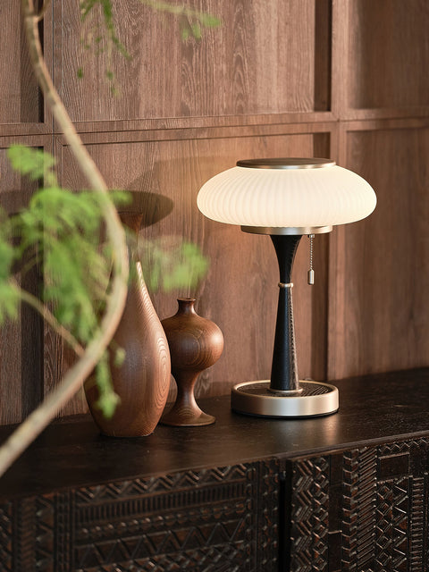 Table Lamp with Ribbed Glass Mushroom Shade and Wooden Stem