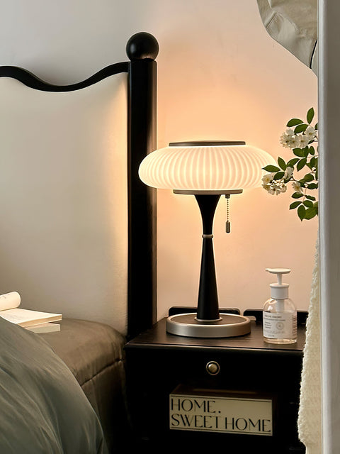 Table Lamp with Ribbed Glass Mushroom Shade and Wooden Stem