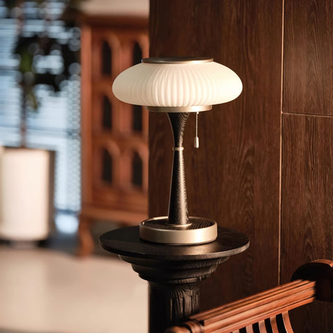 Table Lamp with Ribbed Glass Mushroom Shade and Wooden Stem